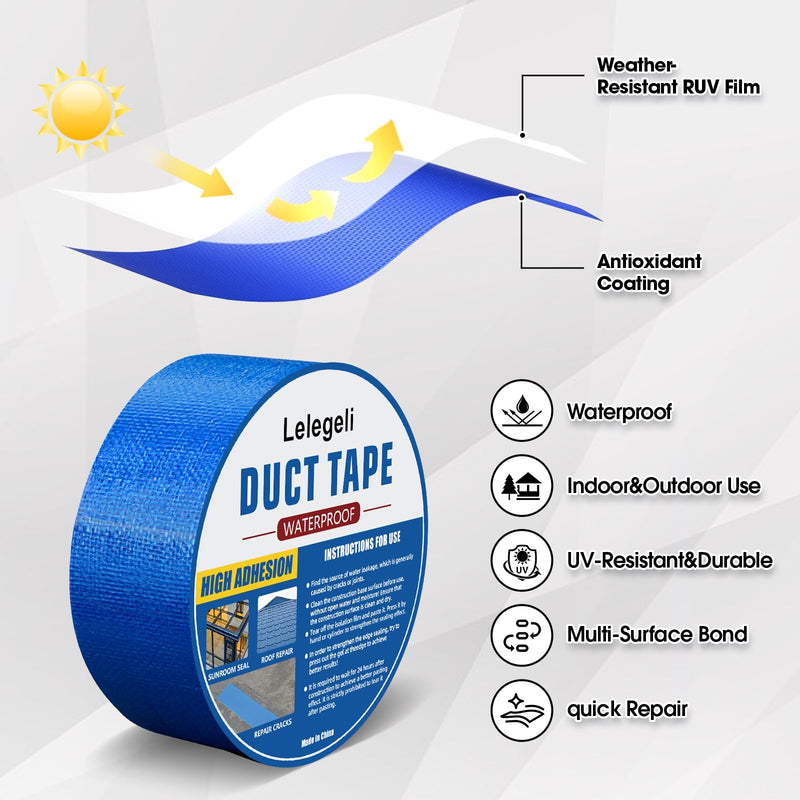 Lelegeli Blue Duct Tape Heavy Waterproof 4inch x 16ft, Waterproof Tape for Solar Pool Cover, Pool Liner Repair, Butyl Sealant Tape for RV Awning Sealing, Metal Roof Patch
