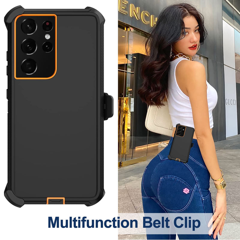 [Australia - AusPower] - for Samsung Galaxy S21 Ultra Case with Belt Clip Holster, 2X Screen Protector, Heavy Duty Full Body Shockproof Drop-Proof Rugged Protective Cover for Samsung Galaxy S21 Ultra 5G 6.8 inch (Orange) Orange 