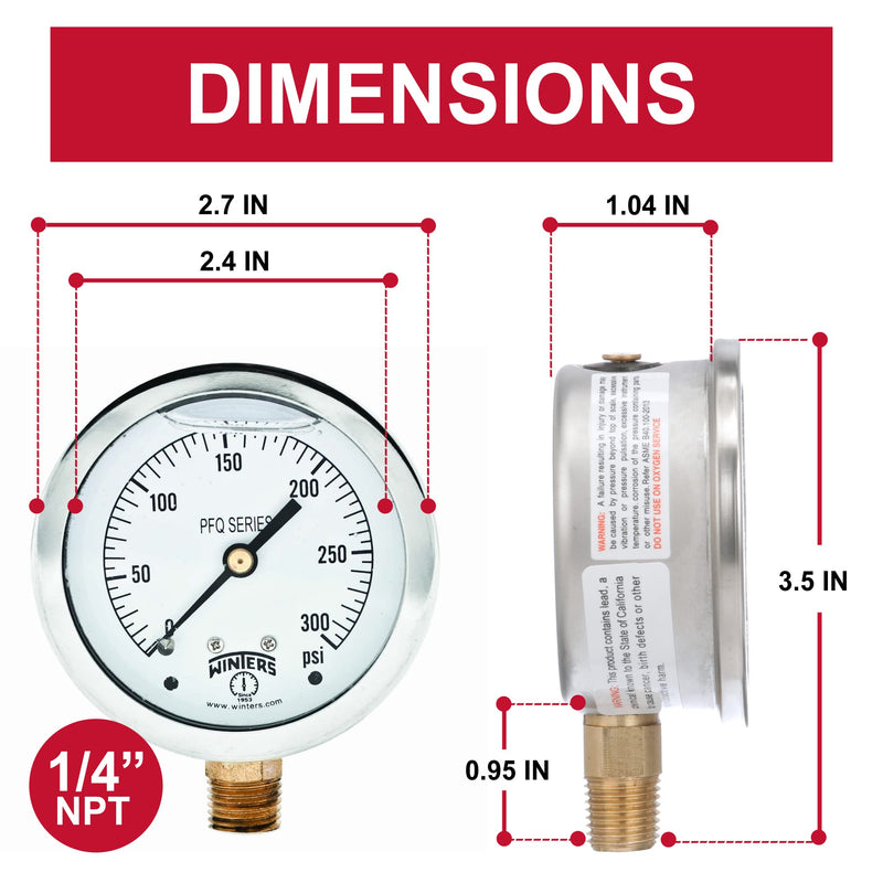 [Australia - AusPower] - Winters 2-1/2" Dial Size, Liquid Filled Industrial Pressure Gauge, Brass Internals, 304 Stainless Steel Case, Single Scale 0-300 psi, 1.5% Acc, 1/4" NPT Bottom Mount, Glycerin Filled Pressure Gauge 0/300 PSI 