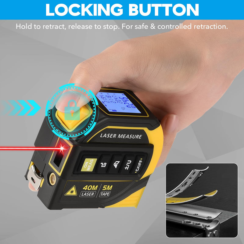 4-in-1 Laser Tape Measure - Class 2, 131FT Laser Distance Meter, 16FT AutoLock Tape Measure, Cross-Line Laser Level, Dual-Axis Electronic Angle, LCD Display, for DIY, Construction Projects