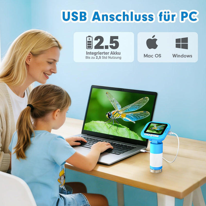 FINIBO Digital Microscope for Children, 1000X, 2.4 Inch Screen, Children's Microscope for Learning & Discovery, with USB Photo & Video Recording, Toy from 6 Years, Boys & Girls | Children's microscope for learning and discovering, with USB photo and vi...