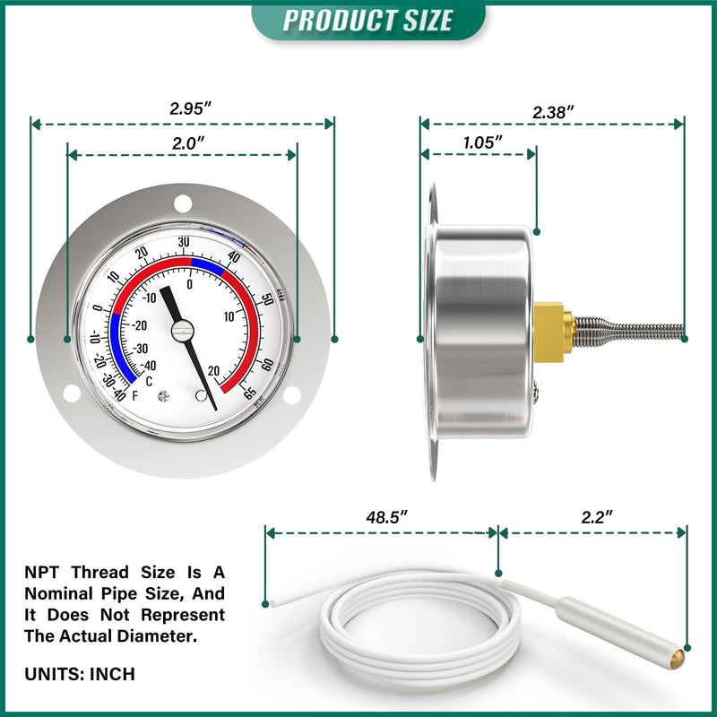 [Australia - AusPower] - -40 to 65 ℉ / -40 to 20℃ Capillary Design Refrigeration Thermometer, 2" Dial Size, 48" Capillary Length, Stainless Steel Flanged Panel Mount, Cold Storage, Display Cabinet, Freezer 1 