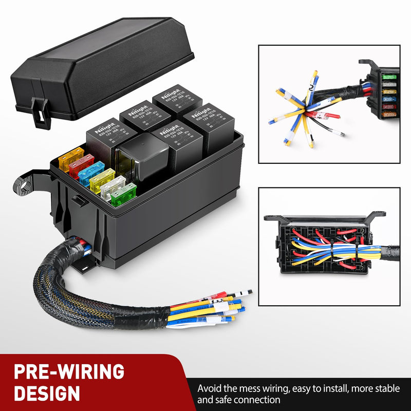 [Australia - AusPower] - Nilight 12V Fuse Relay Box 6 Relays 6 Slots ATC/ATO Blade Fuse Holder 4Pin 5Pin Terminal 40A Relay Pre-Wired Waterproof Block Kit Universal for Automotive Car Truck Camper Boat Fuse and Relay Block Pre-Wired 