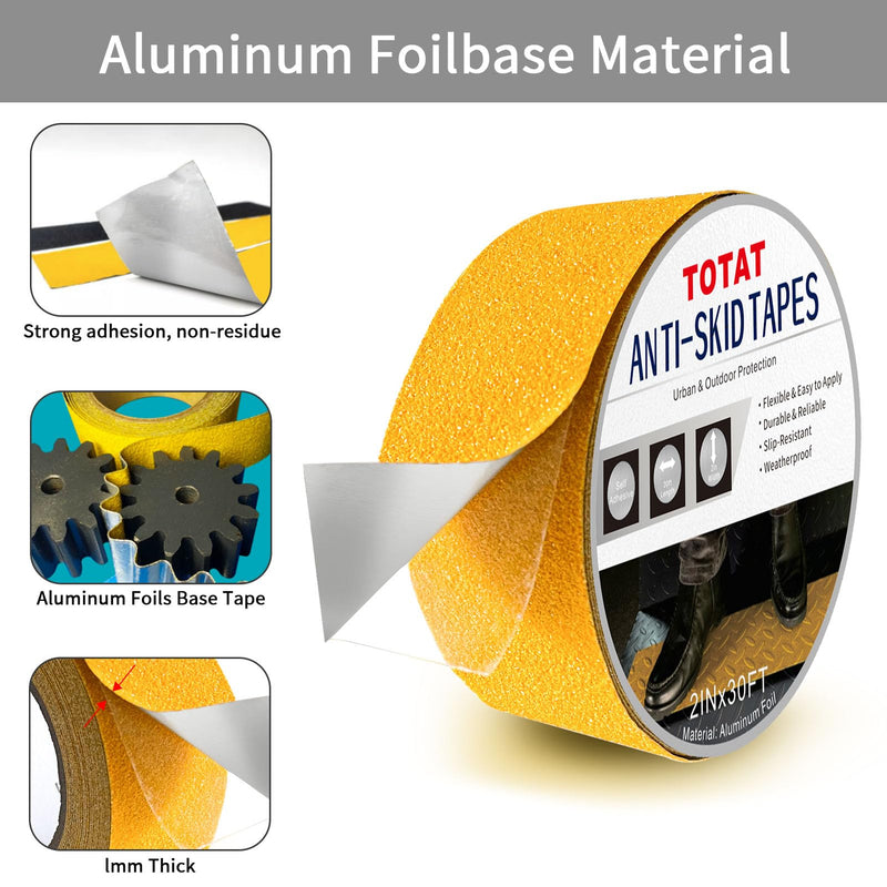 Aluminum Anti-Slip Tape 2" x30FT Yellow Ultimate Bathroom & Step Safety for Elderly/Pets - Waterproof Non-Slip Grip for Poolside, Indoor Stairs, Slippery Floors 2 IN