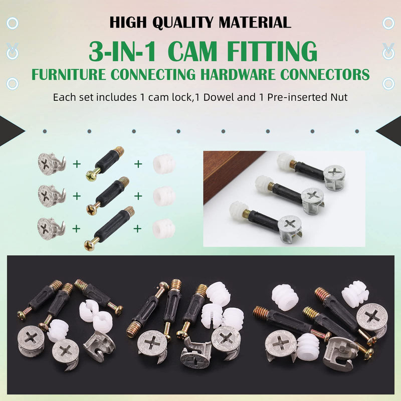 [Australia - AusPower] - Keadic 270Pcs 3 in 1 Cam Lock Nuts and Wood Dowel Pins Assortment Set Furniture Connecting Fittings Nut Screws Bolts Fasteners Connectors for Cabinet Drawer Dresser Wardrobe Furniture Panel (Silver) 