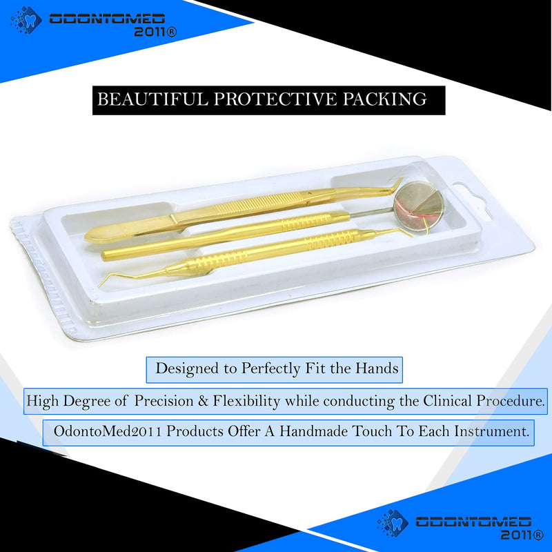 [Australia - AusPower] - OdontoMed2011 3 Pieces Basic Dental Instruments Set Mirror Explorer C. PLIER Hollow Handle Gold Plated Stainless Steel GLD-03 
