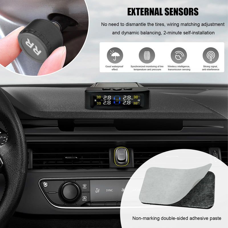 Tire Pressure Monitoring System, Tire Monitoring System with Solar & USB Charger, 4 External Sensors, 6 Alarm Modes, Auto On/Off Real-time LCD Display Tyre Pressure Monitor
