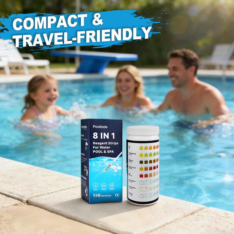 [Australia - AusPower] - Pooloob 8-in-1 Pool and Spa Test Strips, 150 Count Water Testing Kit for Saltwater & Chlorine Pools - Tests pH, Salt, Free Chlorine, Bromine, Alkalinity, Hardness, Cyanuric Acid & Total Chlorine 