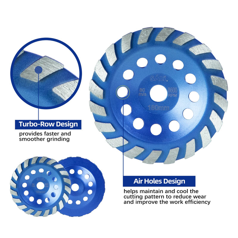 [Australia - AusPower] - SALI Diamond Concrete Grinding Wheel 7 inch for Polishing and Cleaning Stone Concrete Surface, Cement, Marble, Rock, Granite, and Thinset Removing, Angle Grinder Segment Wheels Cup 180 * 22.2 MM Segment Turbo 1.0 