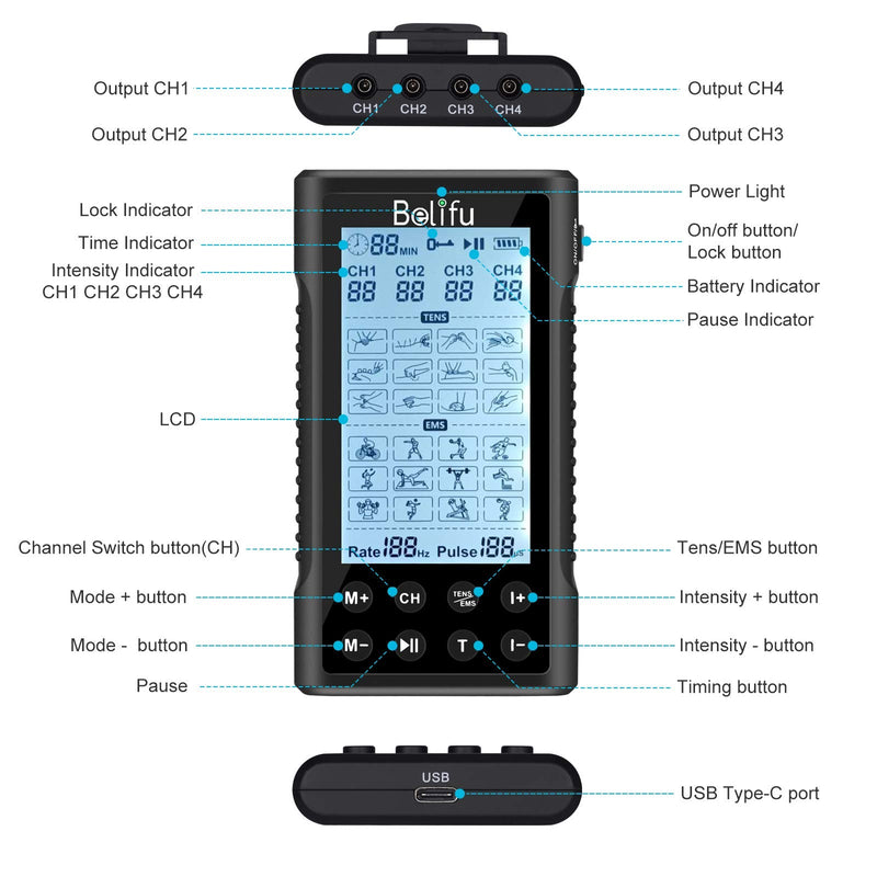 Belifu 4 Independent Channel TENS EMS Unit, 24 Modes,30 Level Intensity Muscle Stimulator Machine, Rechargeable Electric Pulse Massager with 10 Pads&5 Set Leads Wires, for Pain Relief Therapy(Black) Black