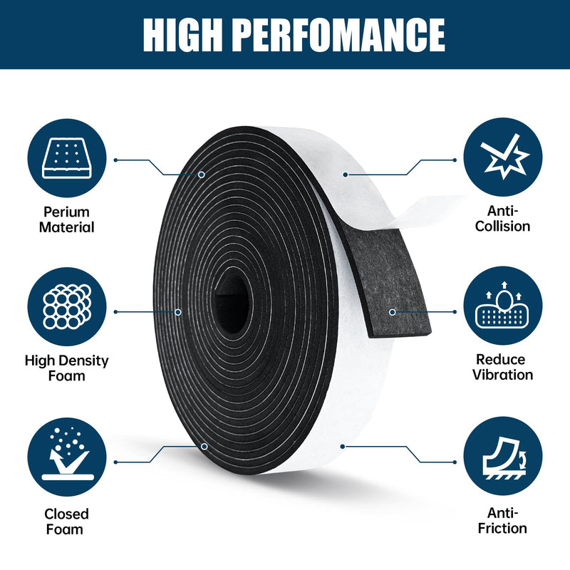 Single Sided Foam Tape Heavy Duty Waterproof, 2 Inch Wide x 1/4 Inch Thick EVA Foam Insulation Tape, Black Weather Stripping for Doors and AC Windows Seal, Soundproof 16.5ft
