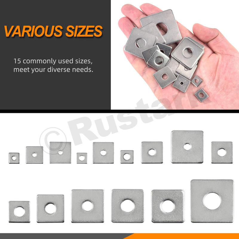 [Australia - AusPower] - 100Pcs 15 Sizes M3-M14 304 Stainless Steel Square Plate Washers Assortment Kit Square Bearing Plate Washer Square Washer Flat Washer Fastener for Construction and Industrial Equipment assorted sizes 