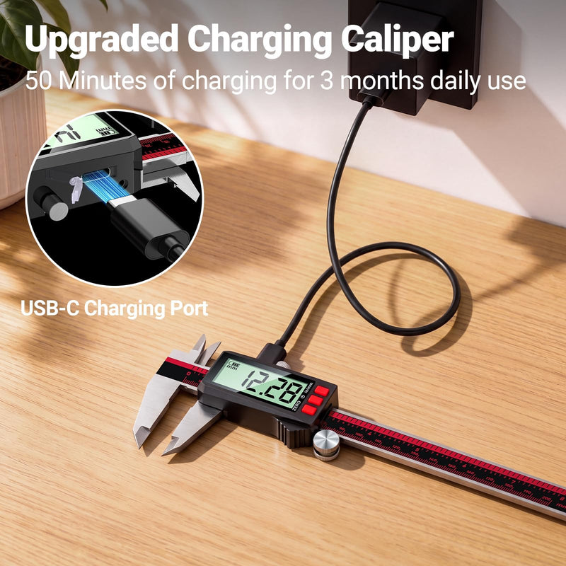 Rechargeable Digital Caliper 200 mm/8 Inch Caliper with LCD Screen, Inch/mm, Stainless Steel Vernier Measuring Tool for DIY, Household, Jewelery Tools, 3D Printer