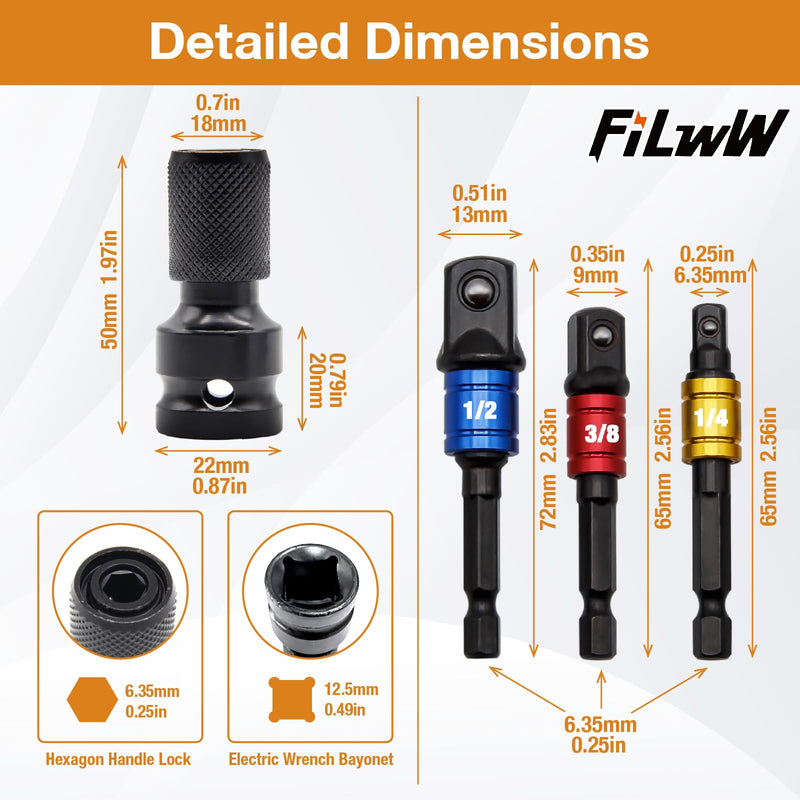 [Australia - AusPower] - 1/2-Inch Drive to 1/4-Inch Hex Drive Quick Change Adapter with Impact Grade Socket Adapter Set, Socket Adapter Converter Chuck Adapter for Impact Air and Electric Wrench 