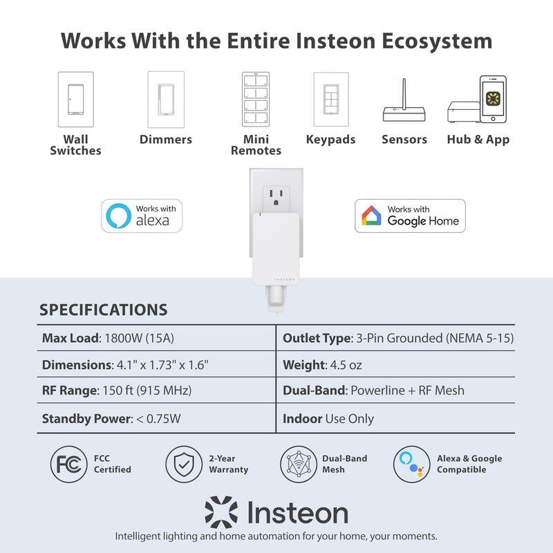 Insteon Smart On/Off Plug-in Module, 1800W Indoor Smart Outlet - 2635-222 | Dual-Band, Acts as an Insteon Mesh Network Repeater, Indoor Use Only, Hub Required for Amazon Alexa & Google Home Assistant On/Off Plug In Module