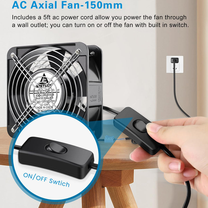 GDSTIME AXIAL 15050 Muffin Fan, 120V AC 150mm x 50mm, Dual Ball Bearing | 110V 115V, ON/OFF Switch, 150x150x50mm, High Speed, for Air Hockey Table, Generator Box Cooling Ventilation Exhaust Projects