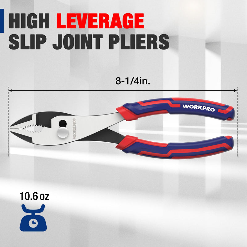 [Australia - AusPower] - WORKPRO 8” Slip Joint Pliers Tool, Large Soft Grip,Rust Prevention Finish, 3-Zone Serrated Jaw Forged from High Carbon Steel for Maximum Grip 8-inch 