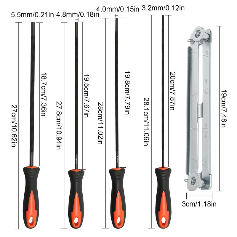 4 pieces file for chainsaw, 4 sizes, chainsaw sharpening round files, file set metal with handle and guide, 3.2 mm, 4.0 mm, 4.8 mm, 5.5 mm, suitable for DIY enthusiasts and professionals