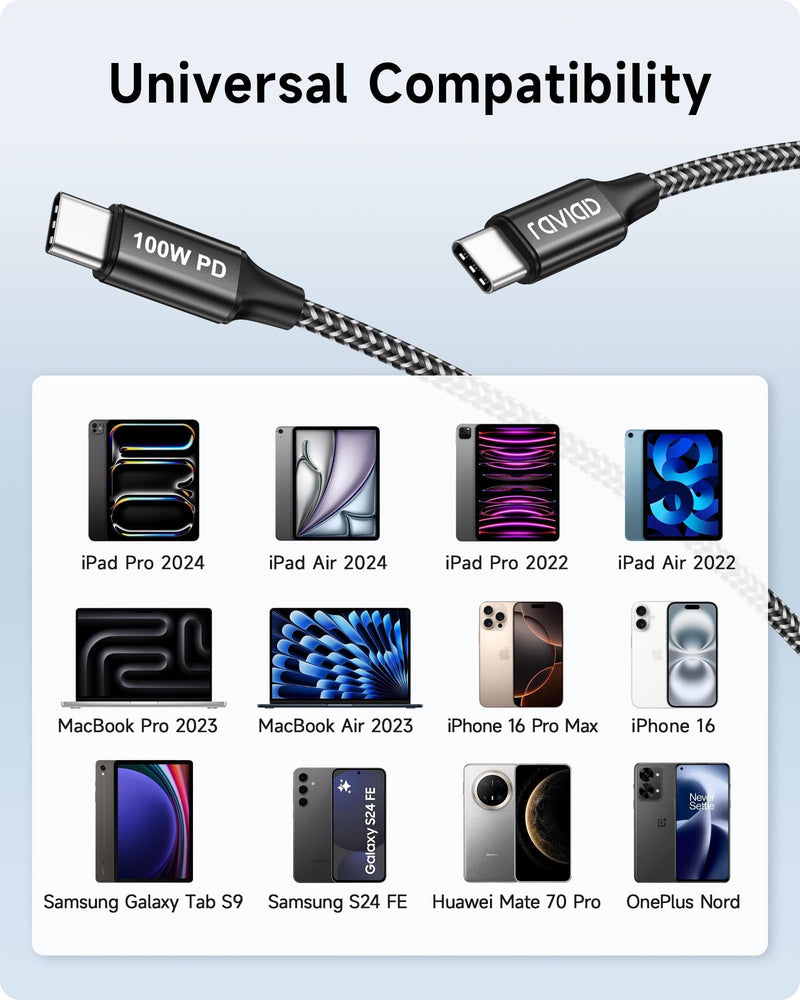 Raviad USB C Cable Short [Pack of 2 0.5 m] 100 W Charging Cable USB C PD 3.0 | Fast Charging USB C to USB C Cable for iPhone 17 16 15, Samsung Galaxy S25 S24, Huawei, Pixel, MacBook, iPad Pro Air black