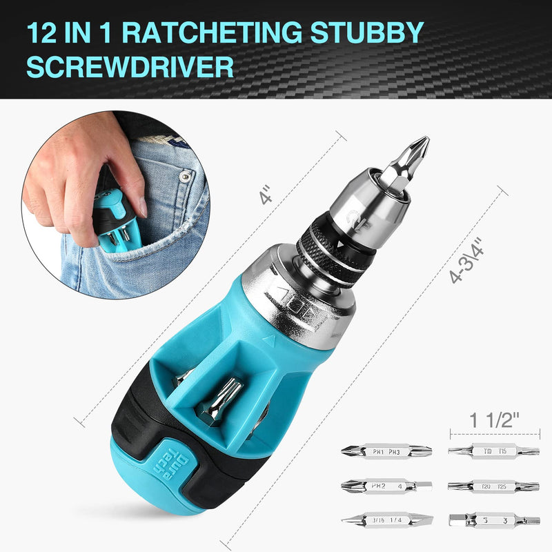 [Australia - AusPower] - DURATECH Magnetic Tape Measure 25FT with Fractions 1/8, Retractable Measuring Tape with Stubby Ratcheting Screwdriver, 12-in-1 Multi-bit Short Screw Drivers, Innovated Bits Quick-Load Mechanism 