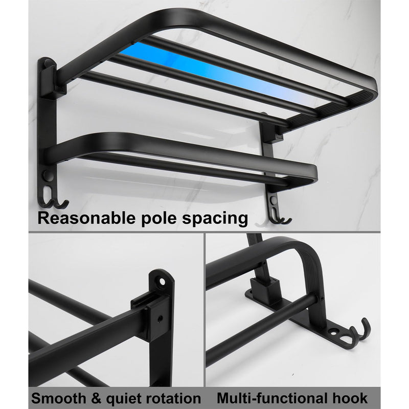 TocTen Towel Rack for Bathroom, Foldable Towel Holder with Double Towel Bars, Wall Mounted Premium Aluminum Bathroom Tower Shelf, Space-Saving Towel Hanger for Bathroom, Lavatory (Black,24 in) Black 1 Pcs 2 Hooks 24 In