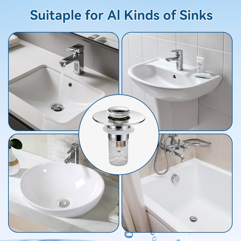 Universal Bathroom Sink Stopper & Hair Catcher, Stainless Steel Drain Filter Strainer, Anti-Clog Pop Up Drain Stopper for US Standard Bathroom Sinks(2PCS) 2pcs