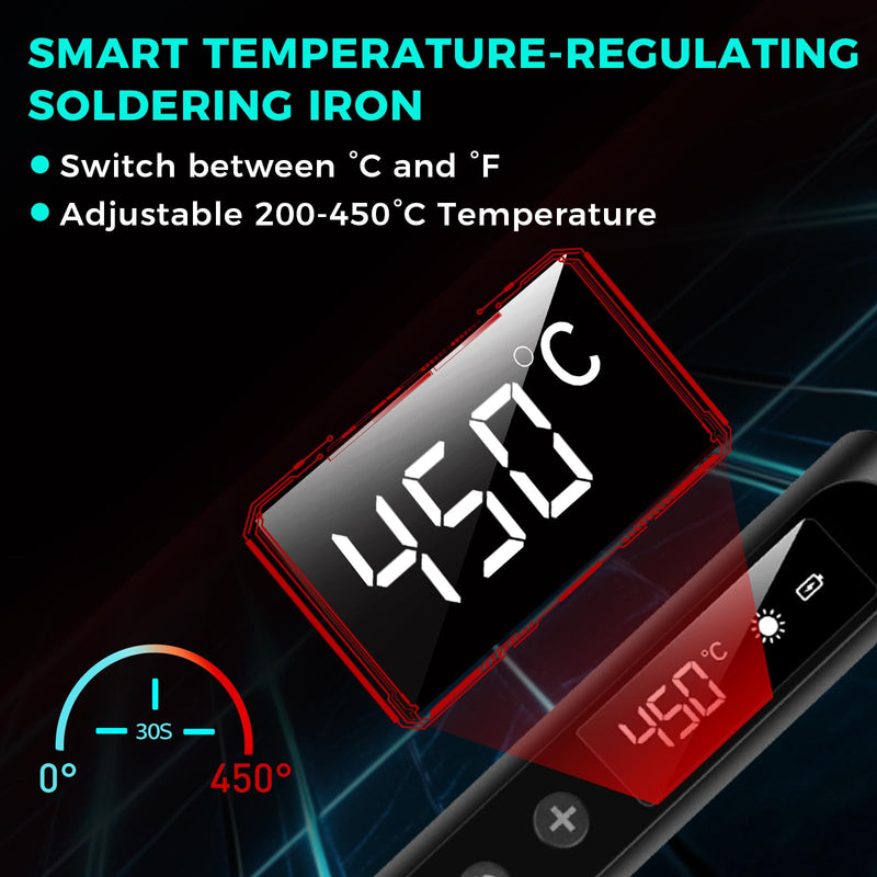 USB Soldering Iron Set with LCD, Battery Soldering Iron, Ceramic Heating Core, Adjustable Temperature 200-450°C, 3 Soldering Tips, Mini Soldering Station, Suitable for Small Repair such as Circuit Boards and Jewelery Wireless Black