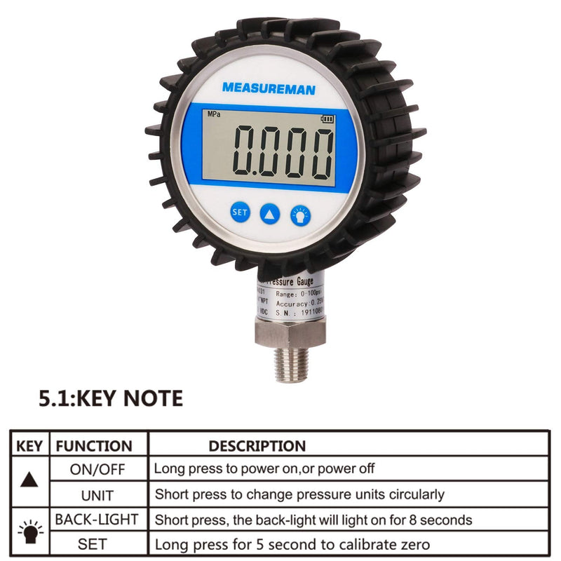 [Australia - AusPower] - MEASUREMAN 3-1/8" Dial Size, Digital Pressure Gauge, 0-3000psi/bar/Mpa, 1/4" NPT Lower Mount, 0.25% Accuracy 