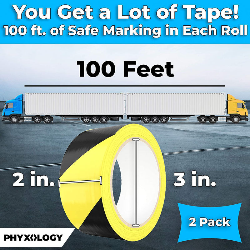 Double-Roll of Ultra-Adhesive Black & Yellow Hazard Tape for Floor Marking 2 Pk. Mark Floors & Watch Your Step Areas for Safety with High-Visibility Anti-Scuff Striped Vinyl by Phyxology Supply.