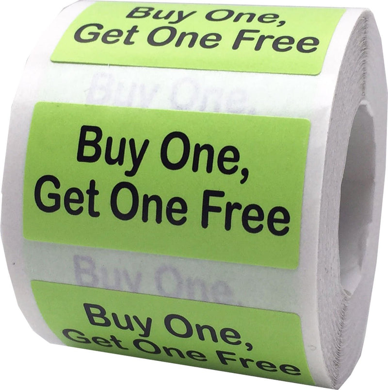 Hot Green with Black Text Buy One, Get One Free Rectangle Stickers, 3/4 x 1.5 Inches in Size, 500 Labels on a Roll for Promotions and Retail - Made in The USA