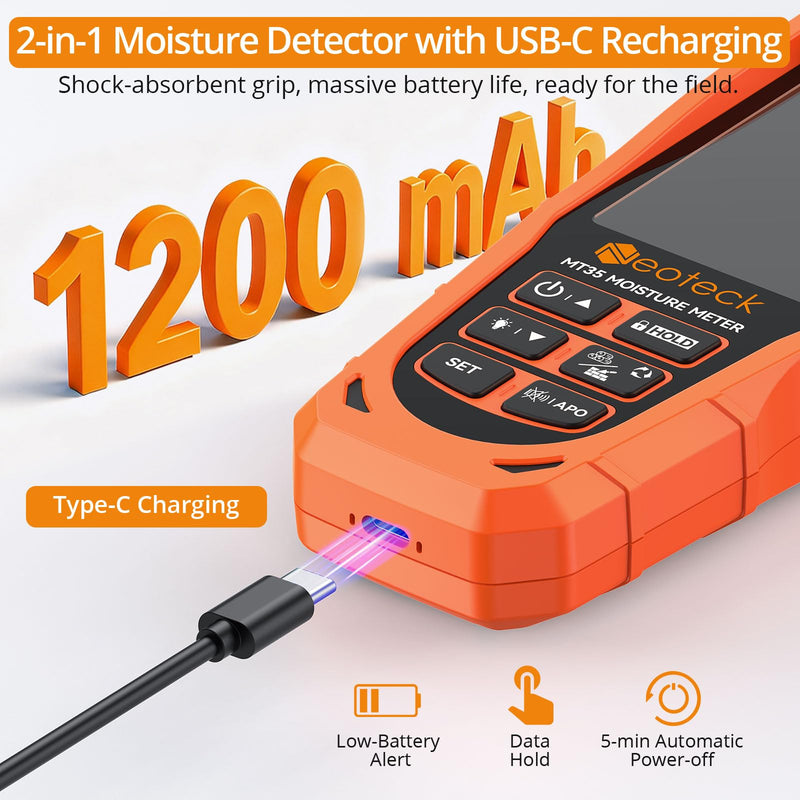 Neoteck 2 in 1 Moisture Meter 19mm Inductive Depth Wood Moisture Meter with ±2% Accuracy Rechargeable Pinless Moisture Meter for Soft/Hard Wood Drywall Plaster Screed Concrete