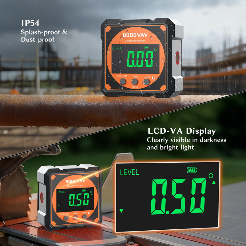 4-side Magnetic Digital Angle Gauge with Laser(Class 2, ＜1mW Output), 4 * 90° Rechargeable Electronic Inclinometer Protractor Level Gauge for Woodworking Tablesaw Orange