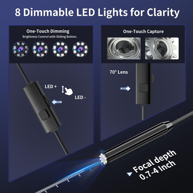 Endoscope Camera with Light, 1920P HD Borescope Inspection Camera with 8 Adjustable LEDs, IP67 Waterproof Semi-Rigid Snake Cable for Android, iPhone, and iPad(16.4ft, Single Lens) 16.4ft