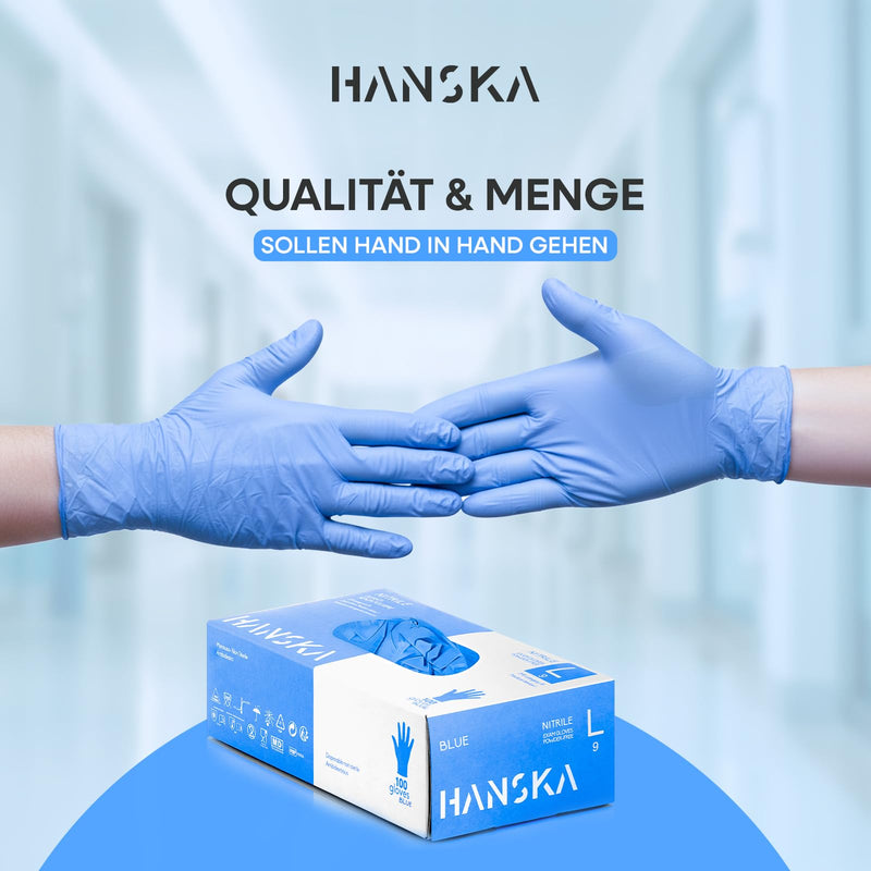 HANSKA Disposable Nitrile Gloves, Blue, Powder-Free, Insert and Bet, Ambidextrous, Non-Sterile, Rubber Base, Suitable for Medical, Food Handling (100, L) 100 cm
