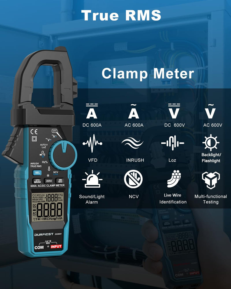 [Australia - AusPower] - Clamp Meter DURFICST Digital Inrush Clamp Multimeter AC/DC 600A 6000 Counts Amp Voltage Tester with VFD, LOZ Mode，Measures AC/DC Current Voltage NCV Temperature Resistance Capacitance Frequency 