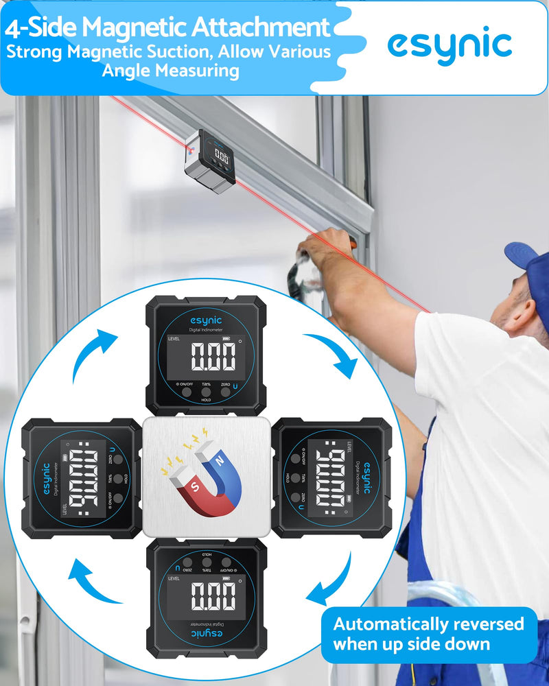 [Australia - AusPower] - eSynic Portable Digital Angle Finder with Laser -IP54 Waterpoof 4 Sides Magnetic Digital Inclinometer -Auto Off Backlight LCD Display Rechargeable Angle Gauge for Construction (Laser Level: Class II) 4 Side Magnetic Digital Angle Finder With Laser 