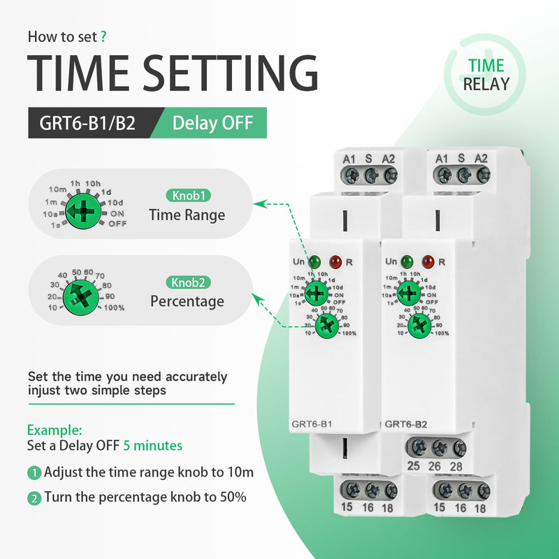 Delay Off Time Relay GRT6-B1 10A Adjustable Smart Relay, Delay Turn Off Electronic Timer in Din Rail, 0.1s-10 Days Wide Range Delay Factory Automation Time Universal Voltage AC DC 24V 240V GRT6-B1 AC/DC 24V-240V