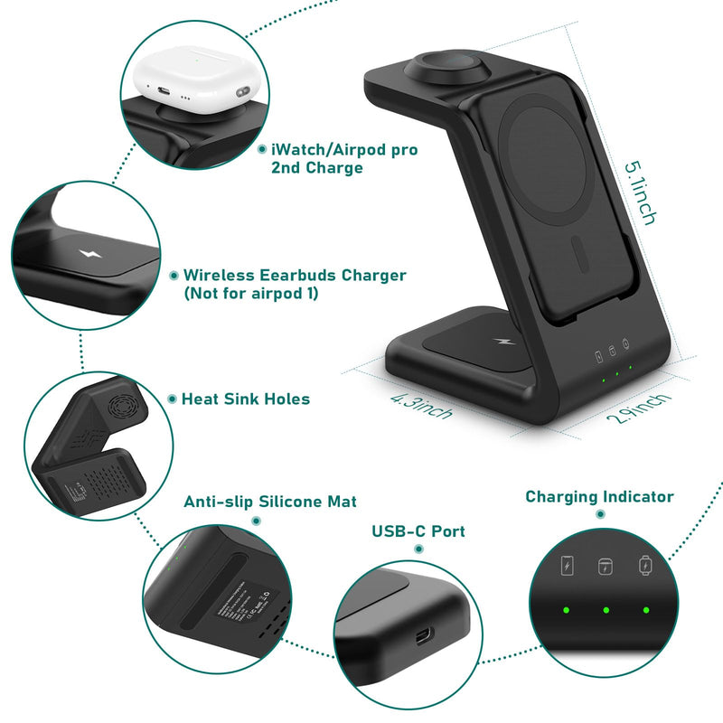 [Australia - AusPower] - 3 in 1 Wireless Charging Station, Fast Charger Stand Compatible for iPhone/Apple Watch/Airpods, 5000mAh Mag-Safe Battery Pack USB C Power Bank for 15 14 13 12 Series, 20W PD Adapter (Black) Black 
