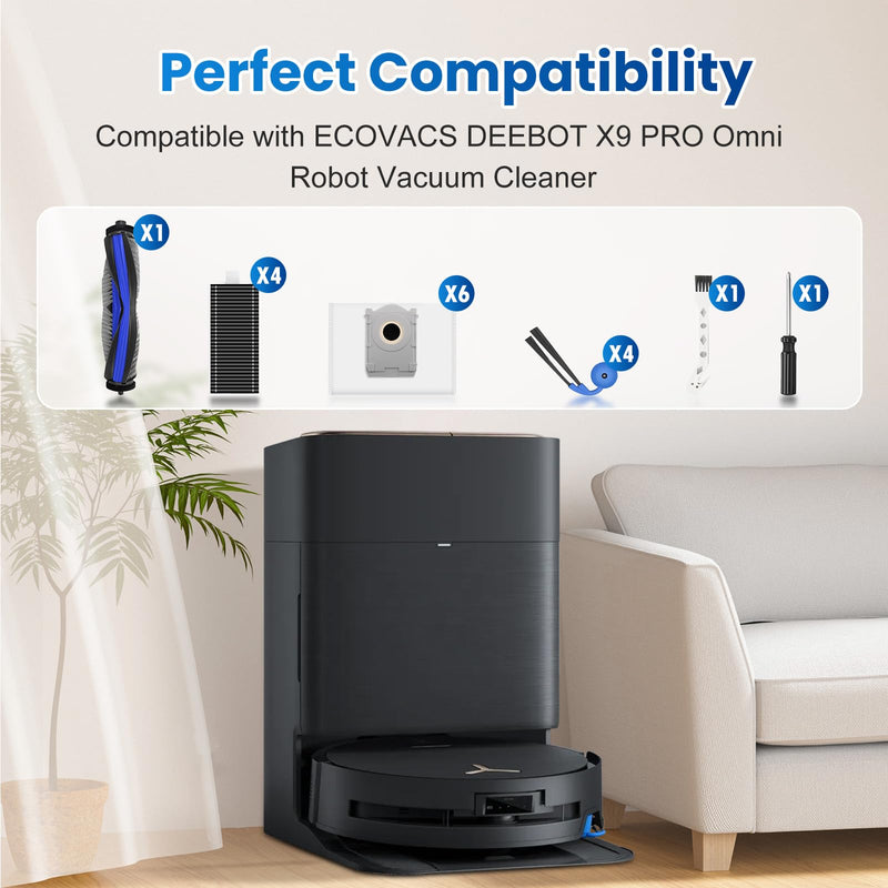 [Australia - AusPower] - 19 Pack Replacement Accessories Kit Compatible with ECOVACS DEEBOT X9 Pro Omni Robot Vacuum, 1 Main Brush, 6 Dust Bag, 4 HEPA Filter, 2 Mopping Roller, 4 Side Brush, 2 Clean Tool 