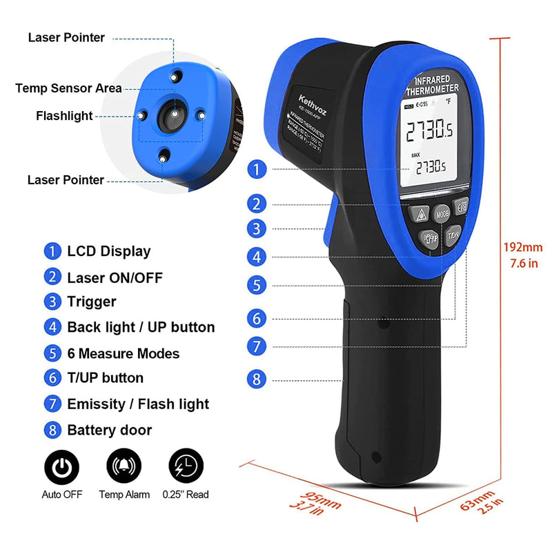 [Australia - AusPower] - Digital Infrared Thermometer Gun, Kethvoz Dual Laser 30:1 Infrared Thermometer Gun Measure Temp -58℉~2732℉, Industrial Pyrometer for Cooking Grilling Pizza Oven HVAC 1500APP Thermometer w/ Data Logging 1500APP 