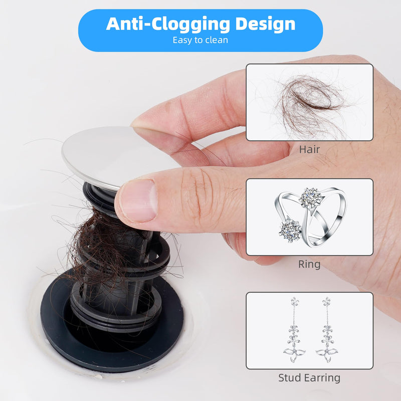 Hibbent 2 Pack Universal Bathroom Sink Drain Stopper, Pop Up Drain Strainer with Overflow, Push and Seal Sink Plug with Basket for Lavatory Vanity Vessel, Anti-Clogging Strainer, Chrome High-quality Plastic Chrome Finish