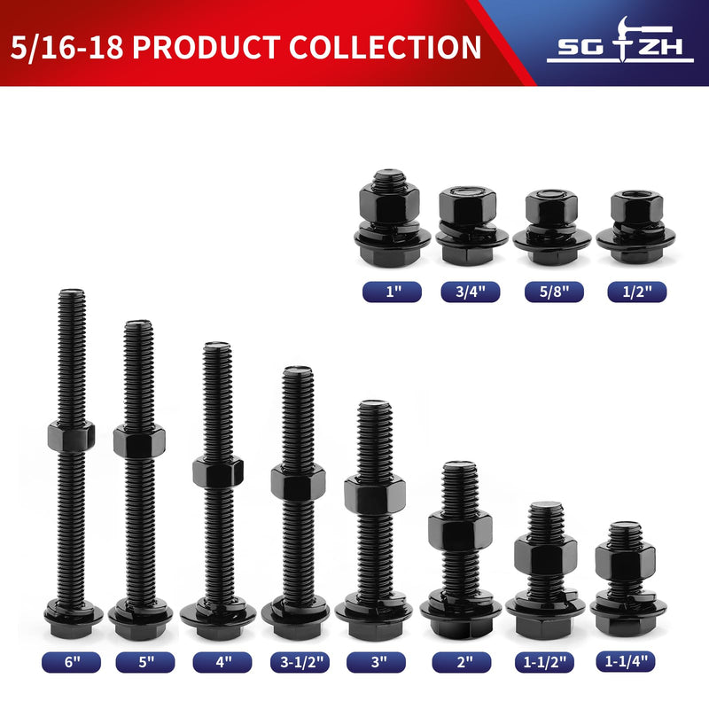 5/16-18 x 3-1/2" Hex Head Screw Bolt, Nuts, Flat & Lock Washers, 20Pcs 18-8 (304) Stainless Steel, Fully Threaded, Black Oxide by SG TZH 20 5/16-18 x 3-1/2"