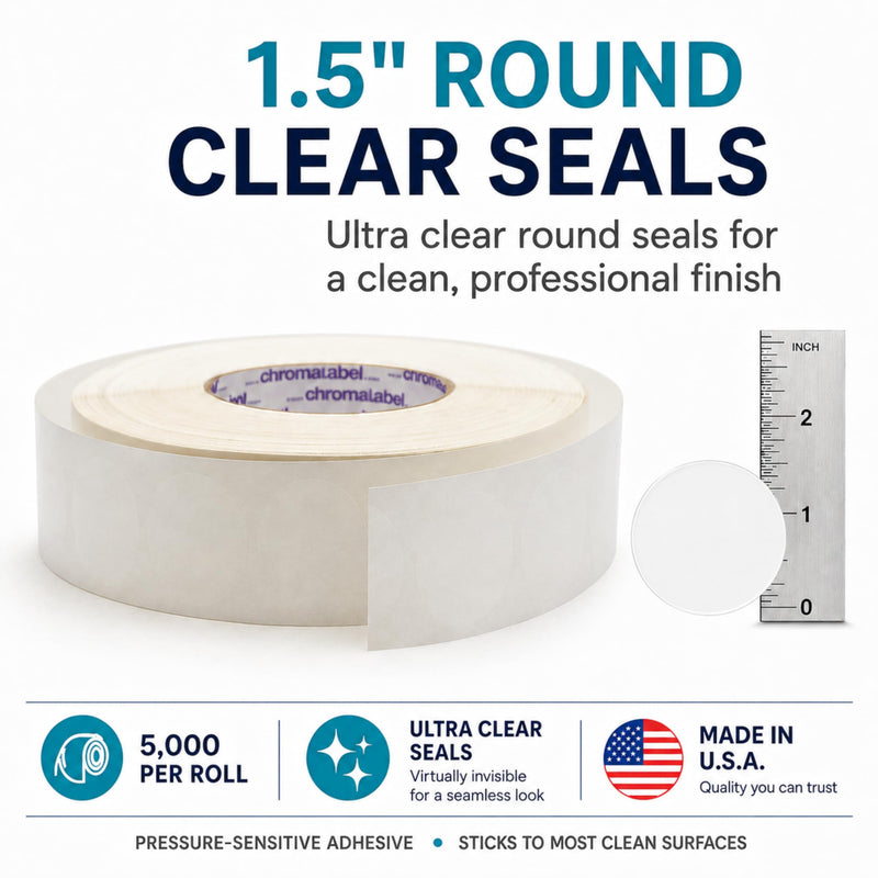 ChromaLabel 1.5 Inch Ultra Clear Wafer Seals, Transparent Circle Stickers for Packaging, Mailing, Envelopes, Gift Bags, Retail Bags, Product Boxes, 5,000/Roll, 3 Inch Core 1-1/2" Diameter 5000/Roll
