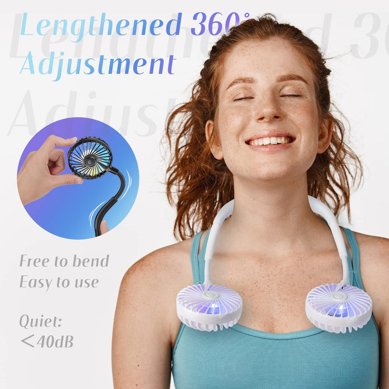 [Australia - AusPower] - Portable Cooling Neck Fan, Rechargeable USB Personal Neck Fan with Colorful LED lights, 360° Rotation, Wearable Neck Fan Air Conditioner for Office Travel Sport, 3 Adjustable Speeds White 
