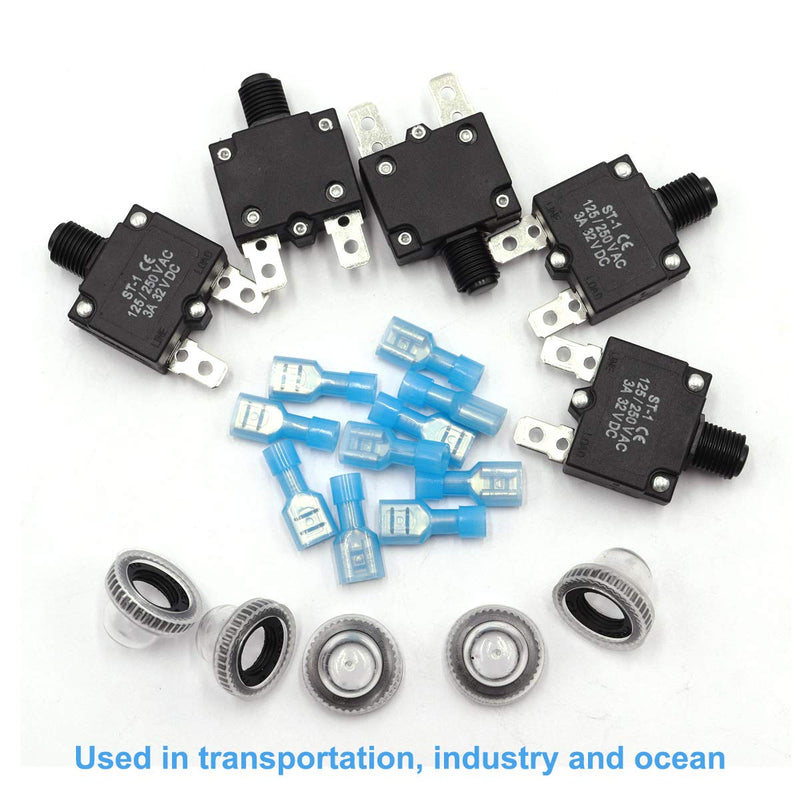 [Australia - AusPower] - mxuteuk 5Pcs 3Amp Circuit Breakers Push Button Manual Reset 125/250V AC 32V DC,Overload Protector Switch Thermal Circuit Breakers with Quick Connect Terminals and Waterproof Button Caps ST1-5-3A 3A 