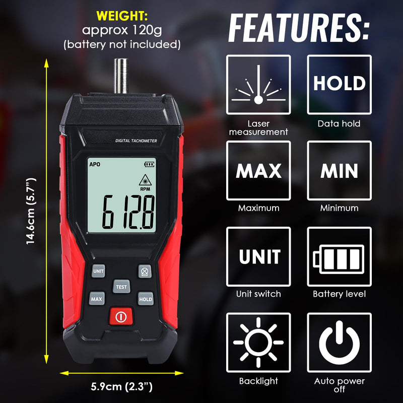 [Australia - AusPower] - Dual-Mode Digital Tachometer RPM Gauge Contact & Non-Contact Handheld Tach Meter with Backlit LCD, MAX/MIN Hold, 3-99999RPM + 10Pcs Reflective Tape for Laser Photo Speed Tester 