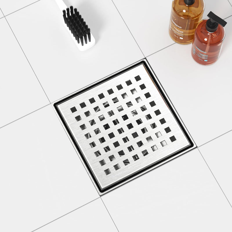 Neodrain Square Shower Drain with Removable Quadrato Pattern Grate, Brushed 304 Stainless Steel Square Drain for Bathroom, with Hair Strainer and Lifting Hook,CUPC Certified (Brushed Nickel, 4 in)