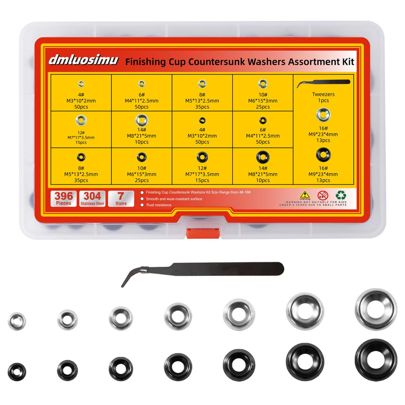 [Australia - AusPower] - 396pcs Stainless Steel Countersunk Cup Washers Kit-4#-6#-8#-10#-12#-14#-16# Natural/Oxidized Blackening Plated for Furniture, Automotive, Plumbing & DIY 
