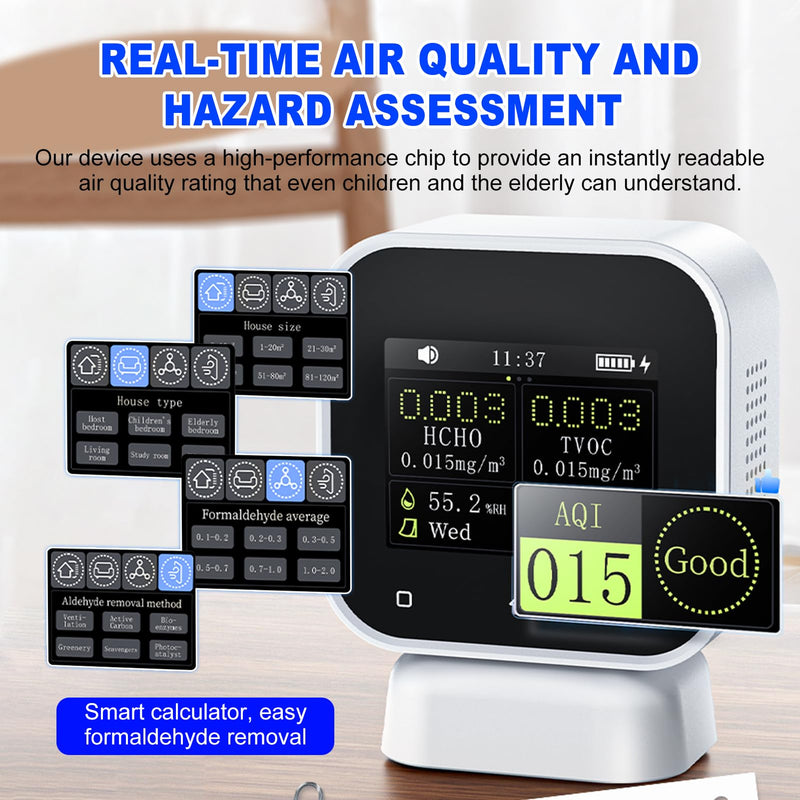 [Australia - AusPower] - 5-in-1 air quality meter, formaldehyde meter, simultaneously measures HCHO TVOC concentration humidity hazard assessment, 2.4 inch touch screen, colour display, automatic warning. 
