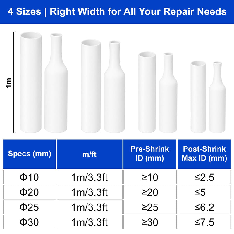 Heat Shrink Tubing Set with Adhesive 4:1 Waterproof Heat Shrink Tubing | 4 sizes of 1 m each: 10/20/25/30 mm, white, for cable insulation and cable repairs